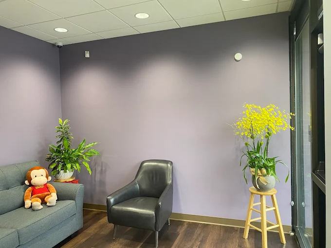 Office photo with a grey chair and two plants