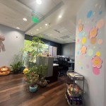 Front office photo. Grey walls with cute pink and yellow smiling flowers and polka dots on the wall. Lots of plants and large squishmellows in the lobby.