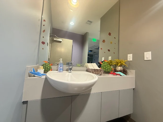 Bathroom photo. Turtle decorations and stickers on the mirror and on the counter